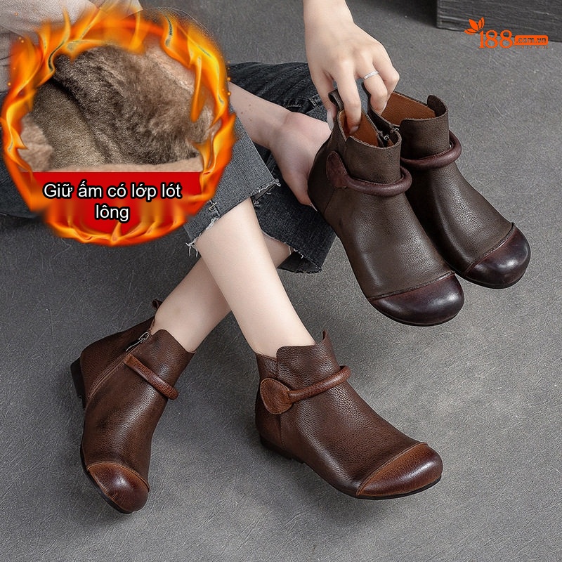 Boot Nữ Cổ Ngắn Lót Lông Giữ Ấm Khóa Kéo Bên Hông Đế Bệt Chiều Cao Đế Khoảng 1cm Màu Nâu