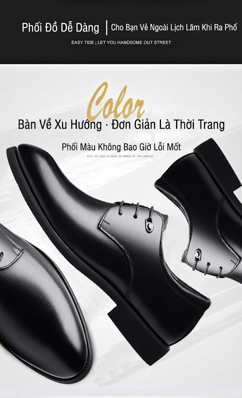 Giày Tây Buộc Dây Nam Da Bò Chiều Cao Đế Khoảng 3cm Màu Đen chi tiết 3