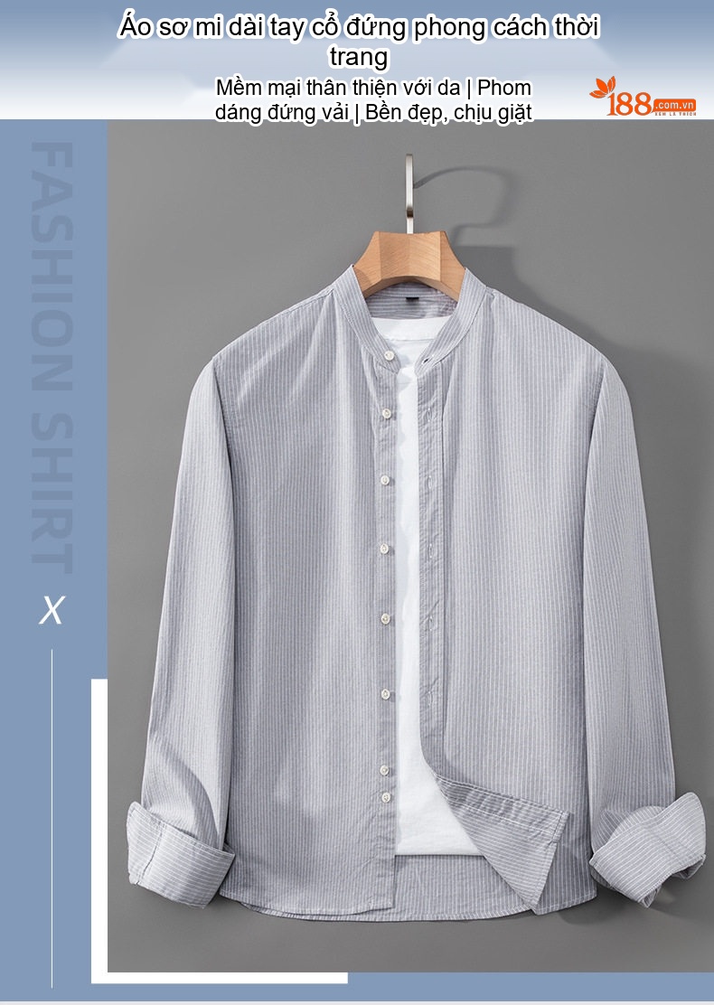 Áo Sơ Mi Nam Tay Dài Cotton Kẻ Sọc Cổ Trụ Form Slimfit Màu Xanh Dương, Trắng, Xám, Xanh... chi tiết 1