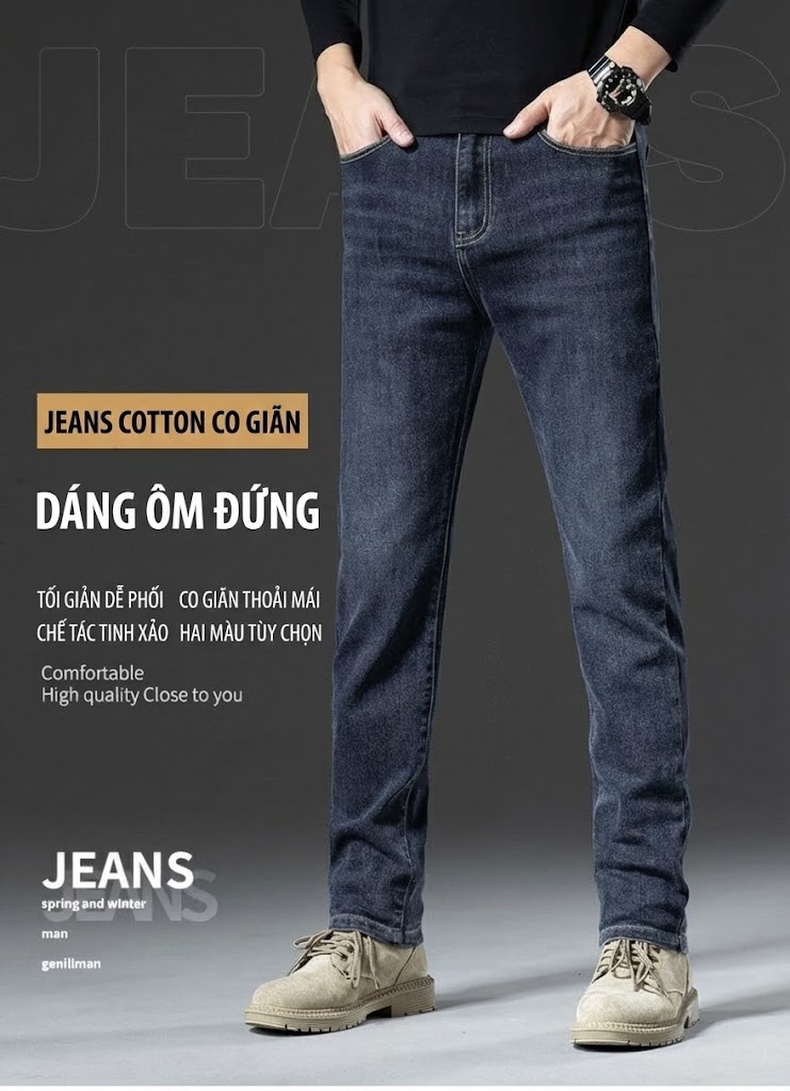 Quần Jean Nam Cotton Co Giãn Thoải Mái Dáng Ôm Vừa Vặn Màu Xanh Xám, Đen Xám chi tiết 1