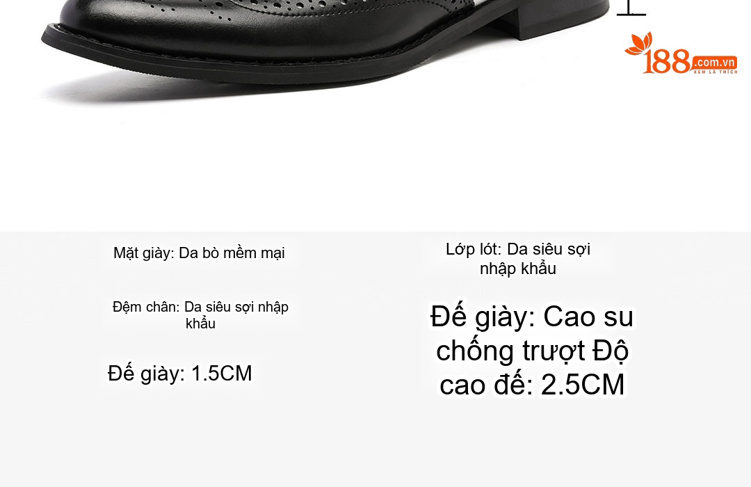Giày Tây Buộc Dây Nam Da Thật Brogue Phối Màu Chiều Cao Đế Khoảng 3cm Màu Đen, Trắng, Nâu chi tiết 5