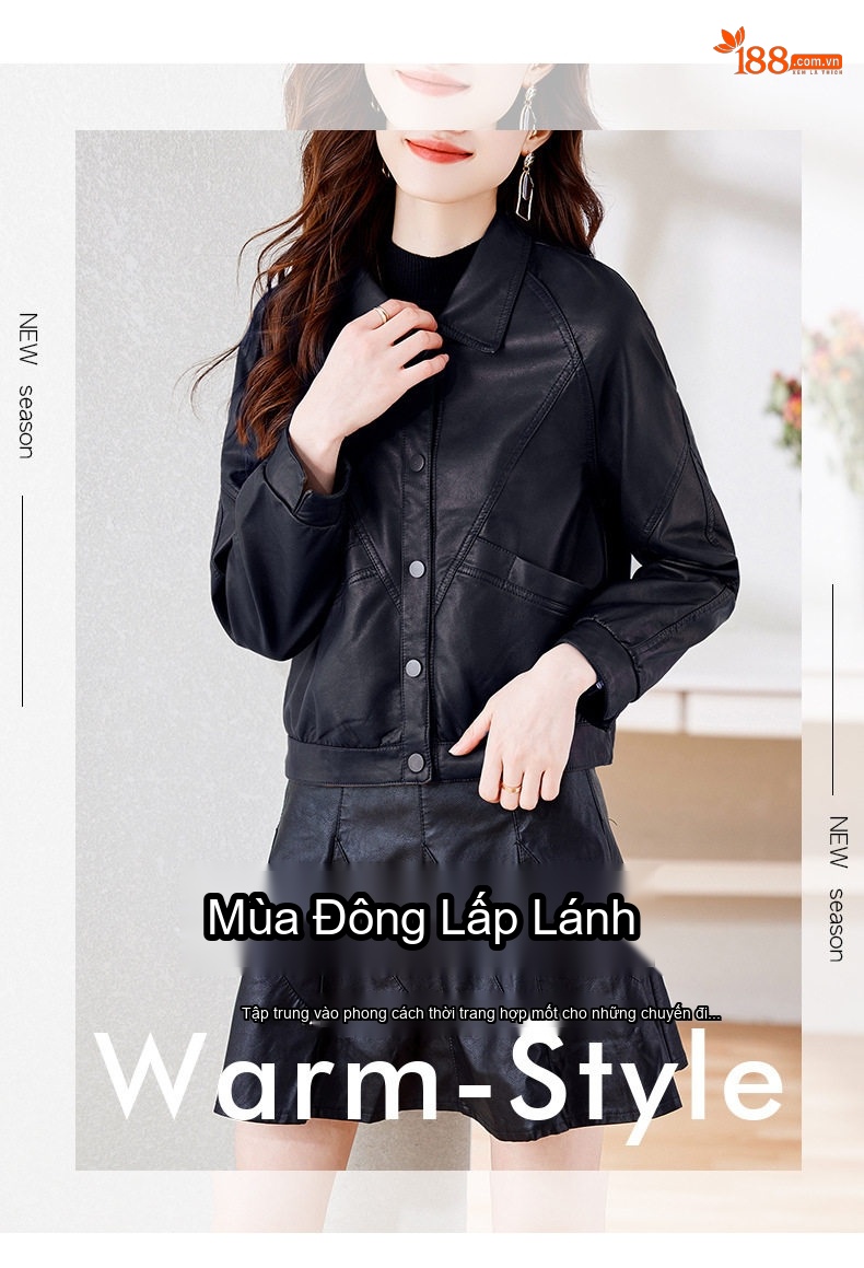 Áo Khoác Da Nữ Dáng Ngắn Phong Cách Thời Trang Màu Đen, Nâu, Be, Vàng chi tiết 3