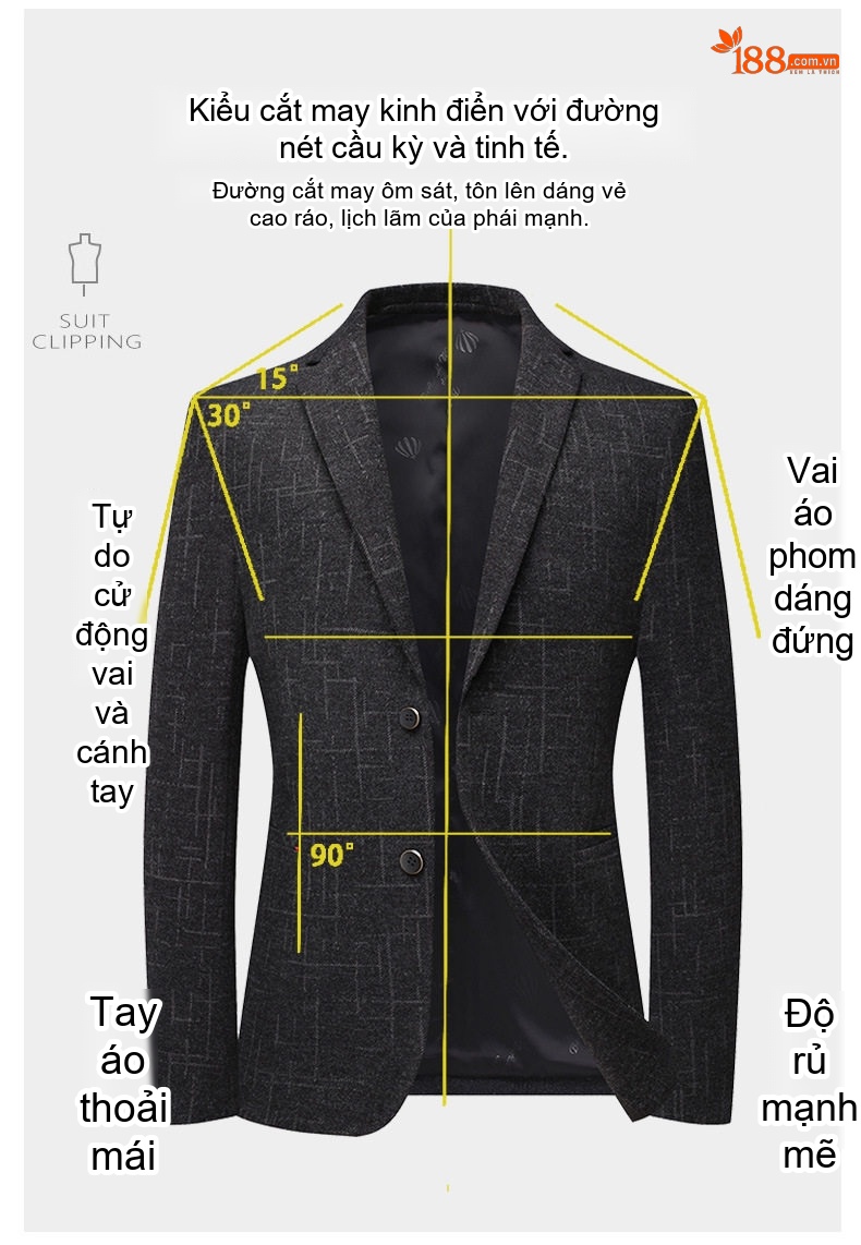 Áo Vest/Blazer Nam Kẻ Caro Co Giãn Chống Nhăn Dáng Ôm Màu Xám Đen chi tiết 5