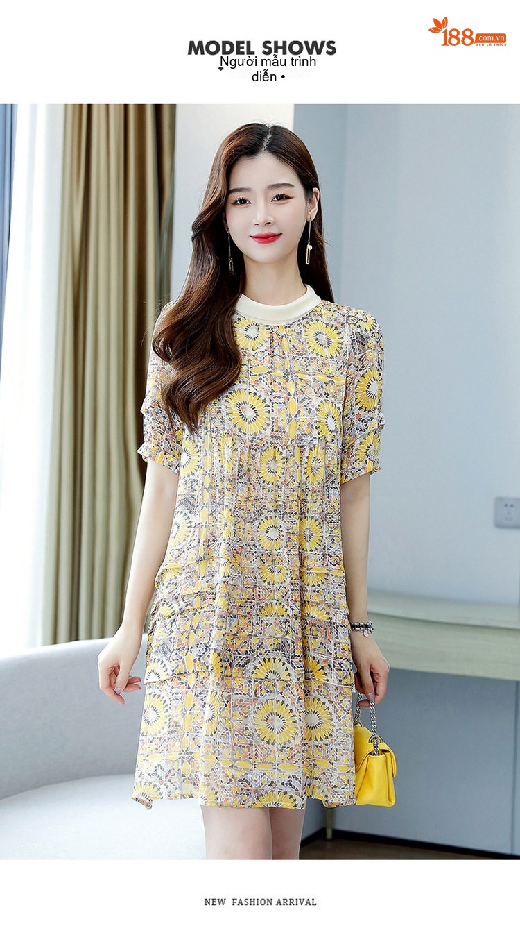 Váy Suông Nữ Mùa Hè Họa Tiết Hoa Nhỏ Dáng Rộng Che Khuyết Điểm Chất Liệu Voan Màu Vàng, Trắng chi tiết 6