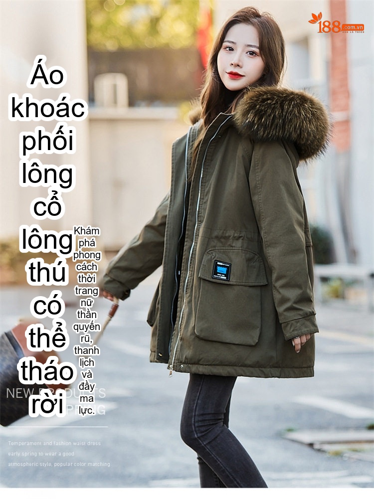 Áo Khoác Phao Nữ Cotton Dáng Dài Có Mũ Trùm Đầu Lót Lông Dày Dặn Màu Đen, Xanh Rêu chi tiết 1