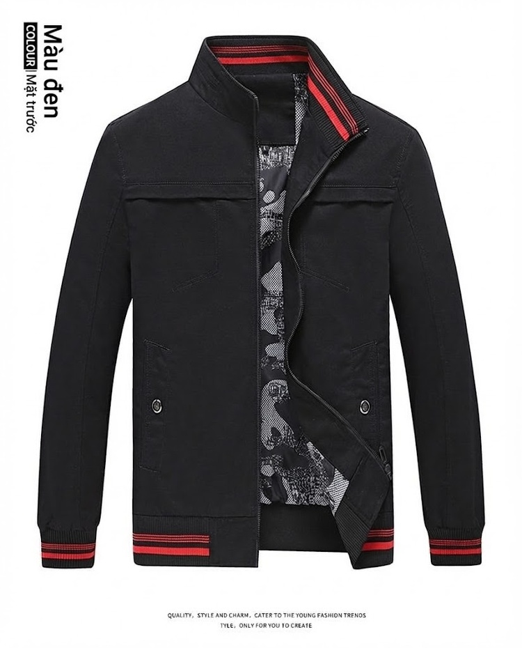Áo Khoác Bomber Nam Cotton Dáng Đứng Cổ Tay Bo Chun Thu Đông Màu Be, Đen, Vàng Nâu chi tiết 17