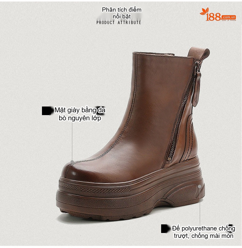 Boot Martin Nữ Da Bò Đế Dày Hai Khóa Kéo Phong Cách Anh Chiều Cao Đế Khoảng 5cm Màu Đen, Nâu chi tiết 3