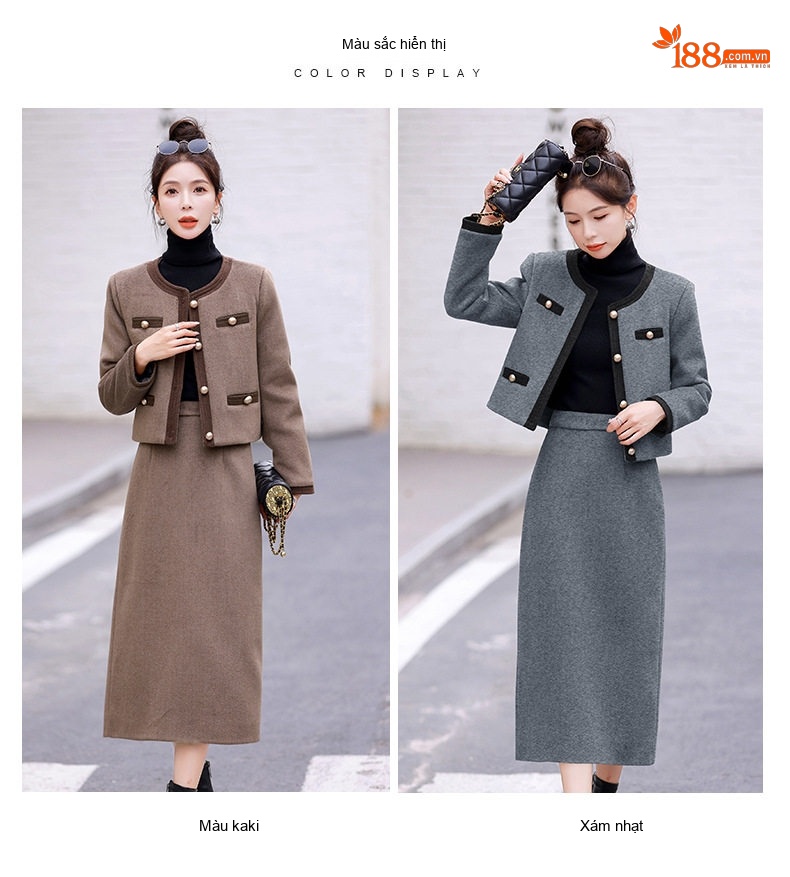 Set Áo Khoác Lửng Chân Váy Tiểu Thư Lót Lông Vũ Trắng Phong Cách Thanh Lịch Màu Nâu, Xám chi tiết 11