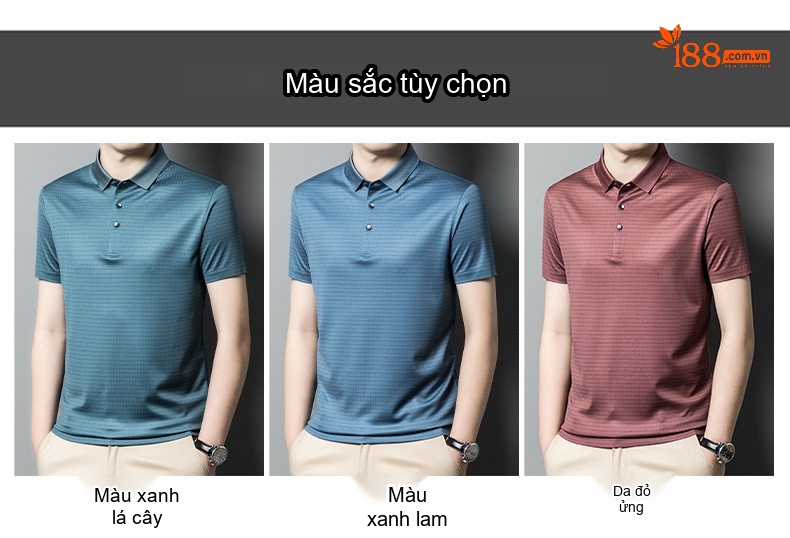 Áo Polo Nam Chân Ái Dáng Ôm Cổ Bẻ Tay Ngắn Lụa Tơ Tằm Màu Xanh, Đỏ chi tiết 7