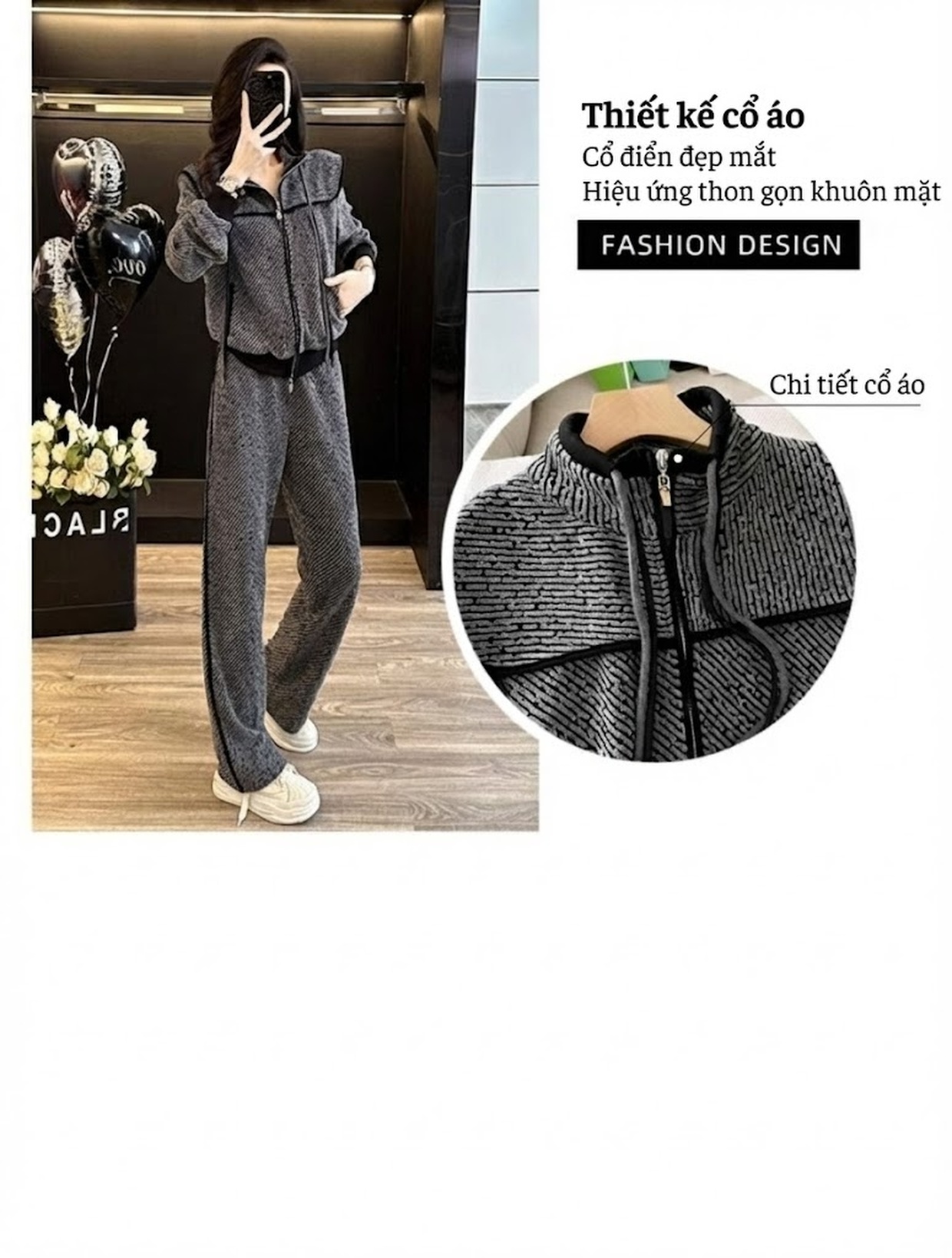 Set Bộ Quần Áo Dệt Kim Nữ Áo Khoác Cardigan Quần Dài Ống Rộng Phong Cách Casual Màu Xám chi tiết 16