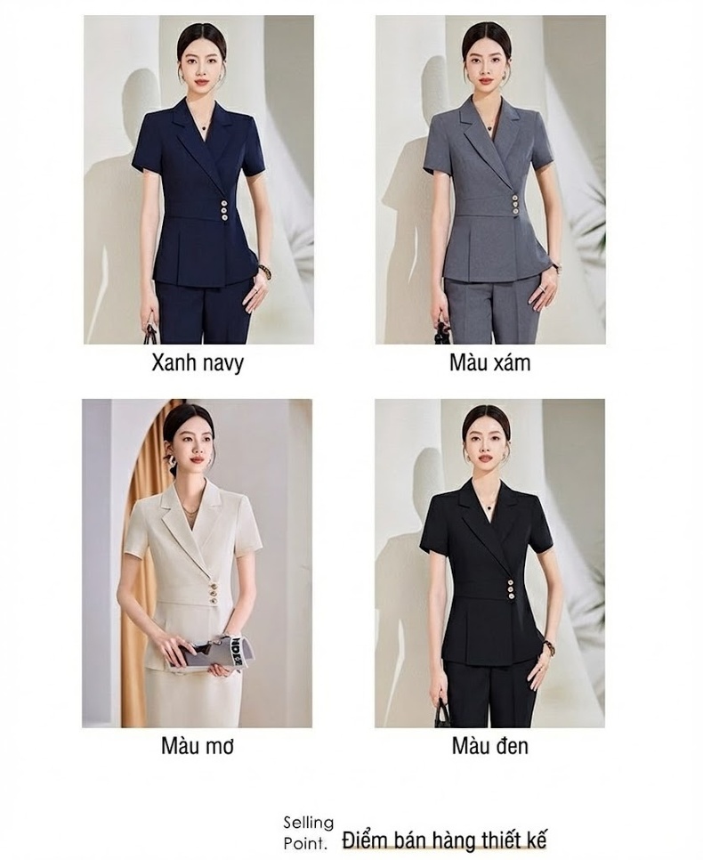 Bộ Vest Công Sở Nữ Tay Ngắn Màu Xanh Navy, Xám, Kem chi tiết 8