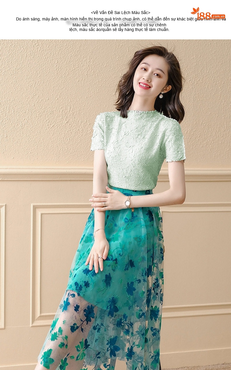 Set Áo Thun Tay Ngắn và Chân Váy Voan Midi Họa Tiết Hoa Phong Cách Thanh Lịch chi tiết 10