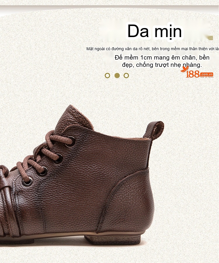 Giày Boot Nữ Da Bò Cổ Ngắn Buộc Dây Chiều Cao Đế Khoảng 2cm Màu Đen, Nâu chi tiết 4
