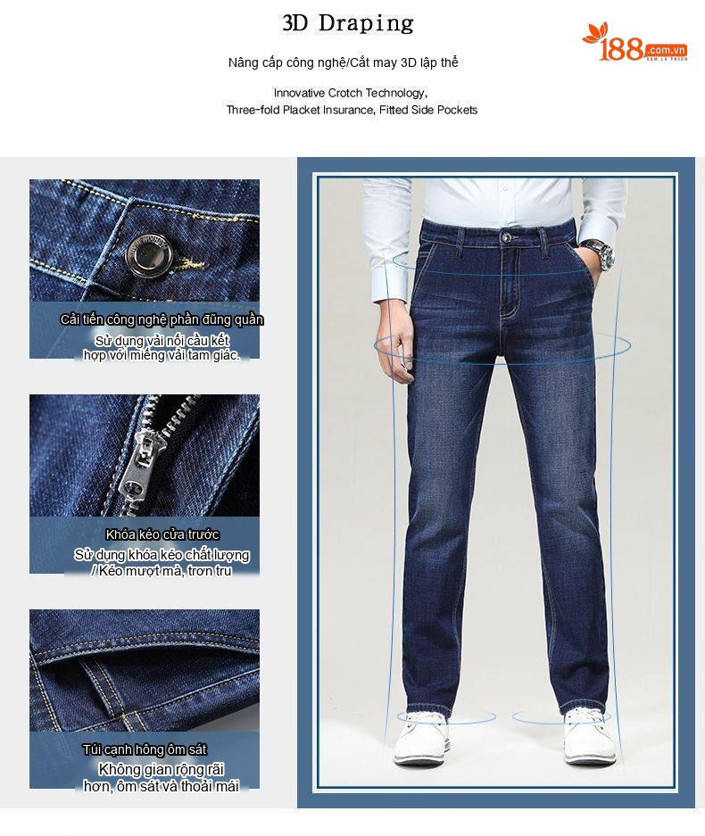 Quần Jeans Dài Nam Ống Đứng Co Giãn Thoải Mái Màu Xanh Dương Đậm chi tiết 11