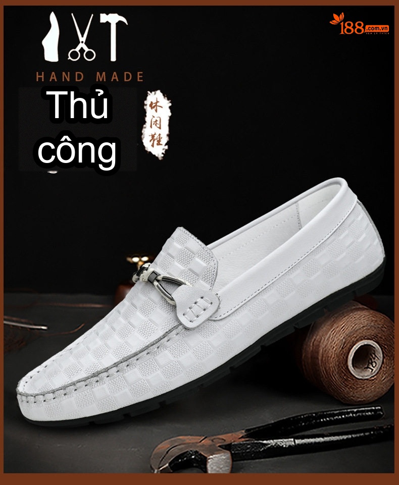 Giày Lười Nam Da Thật Thoáng Khí Chiều Cao Đế Khoảng 2cm Màu Đen, Xám, Xanh Dương, Trắng chi tiết 1
