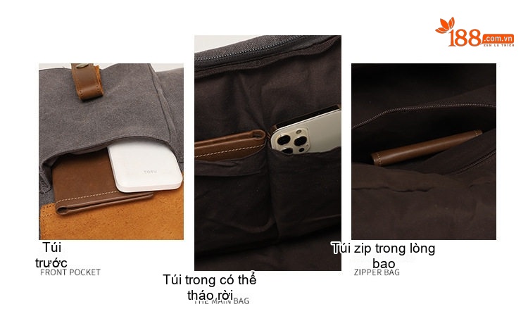 Túi Du Lịch Xách Tay Vải Canvas Đeo Chéo Phong Cách Âu Mỹ Kết Hợp Da Thật Màu Xám, Hồng, Sọc Trắng Đen chi tiết 6