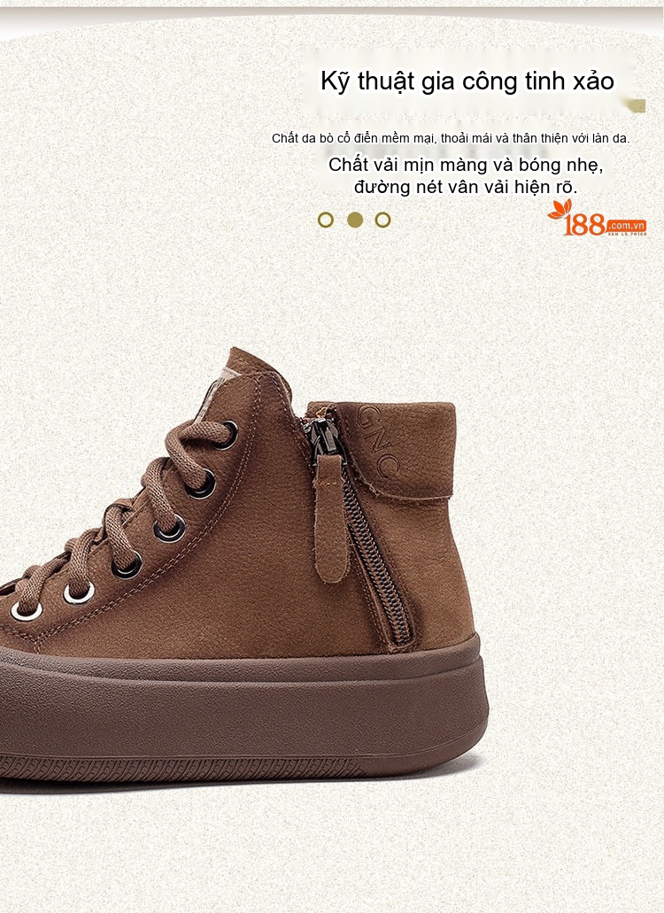 Giày Cao Cổ Nữ Da Bò Mũi Tròn Đế Dày Chiều Cao Đế Khoảng 3cm Khóa Kéo Bên Hông Màu Nâu, Đỏ Rượu chi tiết 3
