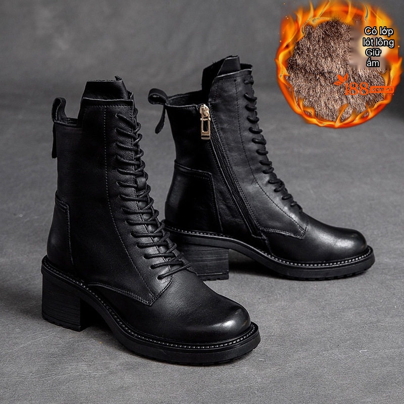 Boot Martin Nữ Da Bò Gót Vuông Chiều Cao Đế Khoảng 5cm Khóa Kéo Bên Hông Màu Đen, Nâu