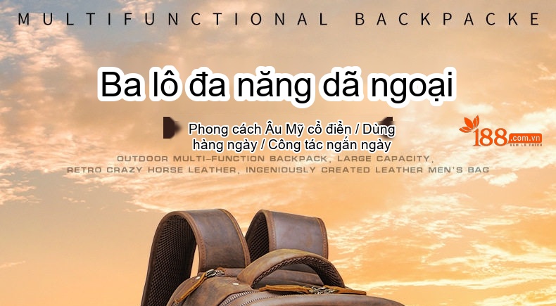Balo Da Thật Nam Đa Năng Phong Cách Retro Túi Đựng Laptop USB Da Bò Sáp Màu Nâu chi tiết 1