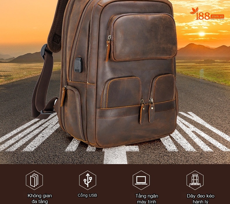 Balo Da Thật Nam Đa Năng Phong Cách Retro Túi Đựng Laptop USB Da Bò Sáp Màu Nâu chi tiết 2