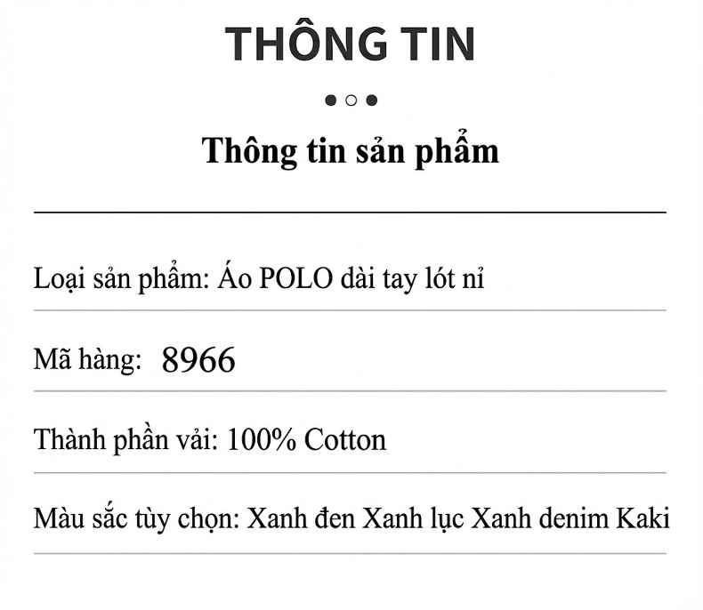 Áo Polo Nam Tay Dài Cotton Lót Lông Cừu Màu Xanh Dương, Xanh Navy, Kem, Xanh Lá chi tiết 8