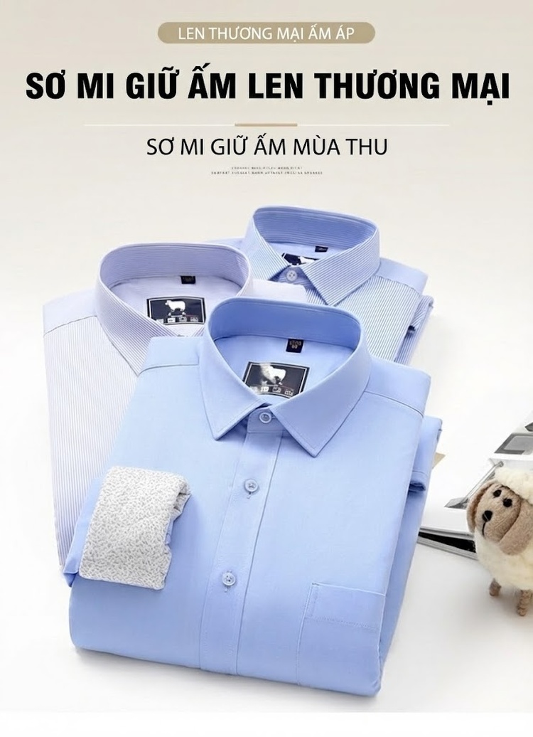 Áo Sơ Mi Nam Lót Lông Cừu Giữ Nhiệt Dài Tay Màu Trắng, Xanh Dương, Tím chi tiết 1