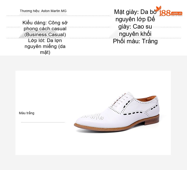 Giày Tây Buộc Dây Nam Da Bóng Brogue Chiều Cao Đế Khoảng 3cm Màu Trắng chi tiết 6