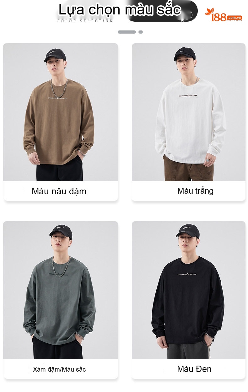 Áo Thun Tay Dài Nam Cotton Dáng Rộng Phong Cách Casual Màu Xám, Nâu, Trắng chi tiết 6