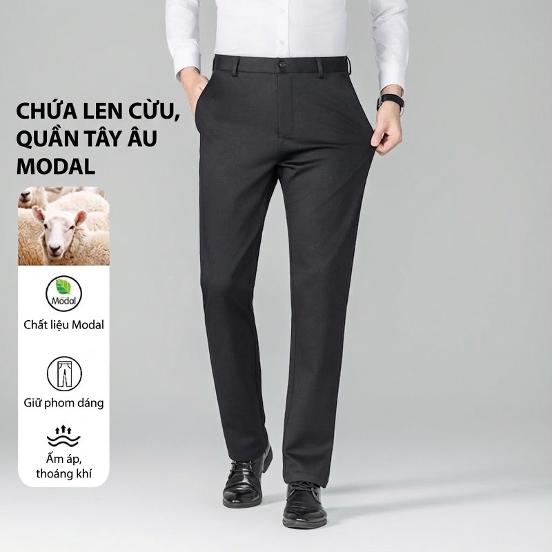 Quần Âu Nam Ống Đứng Modal Lót Lông Cừu Giữ Ấm Màu Đen, Xám