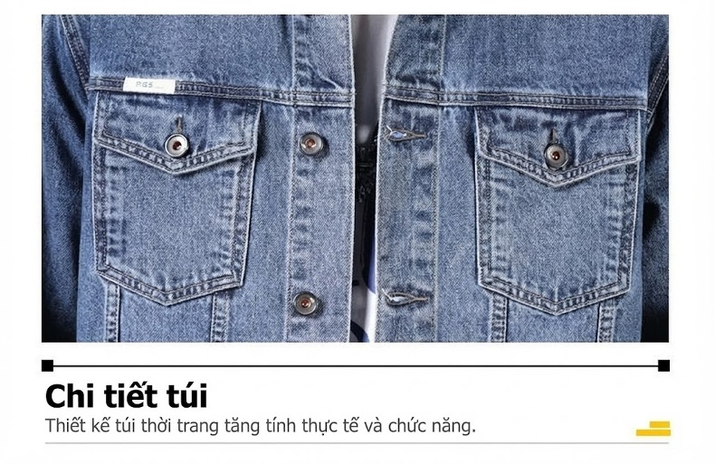 Áo Khoác Jean Nam Cổ Điển Dáng Đứng Phong Cách Thời Trang Màu Xanh Denim chi tiết 17