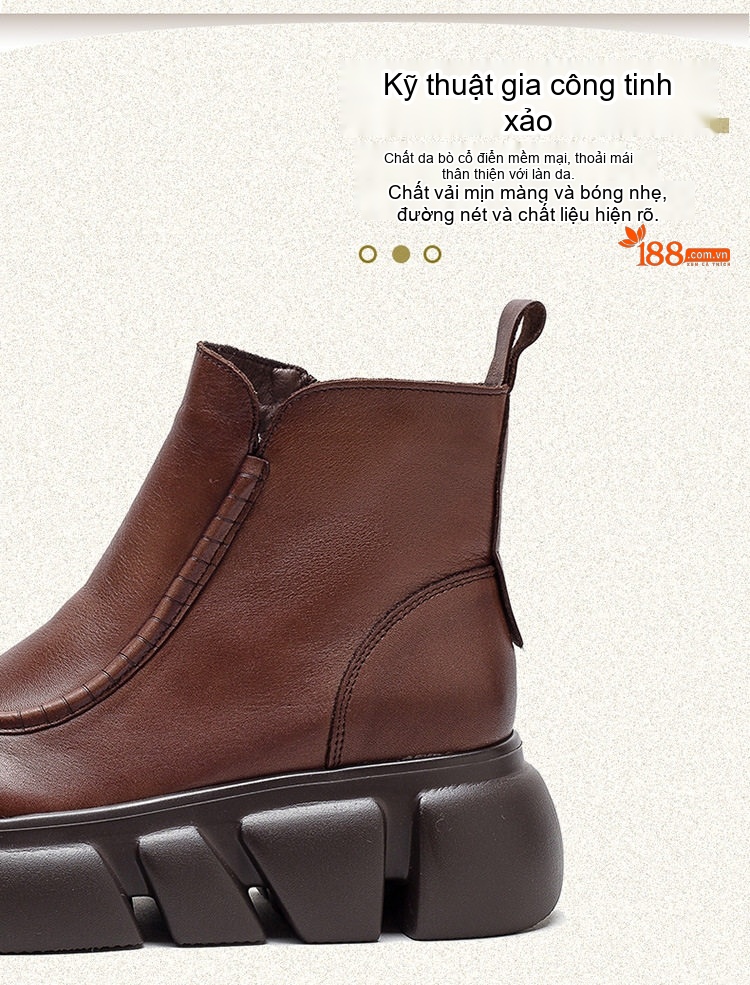 Boot Nữ Da Bò Cổ Lửng Khóa Kéo Bên Hông Chiều Cao Đế Khoảng 5cm Màu Đen, Nâu chi tiết 3