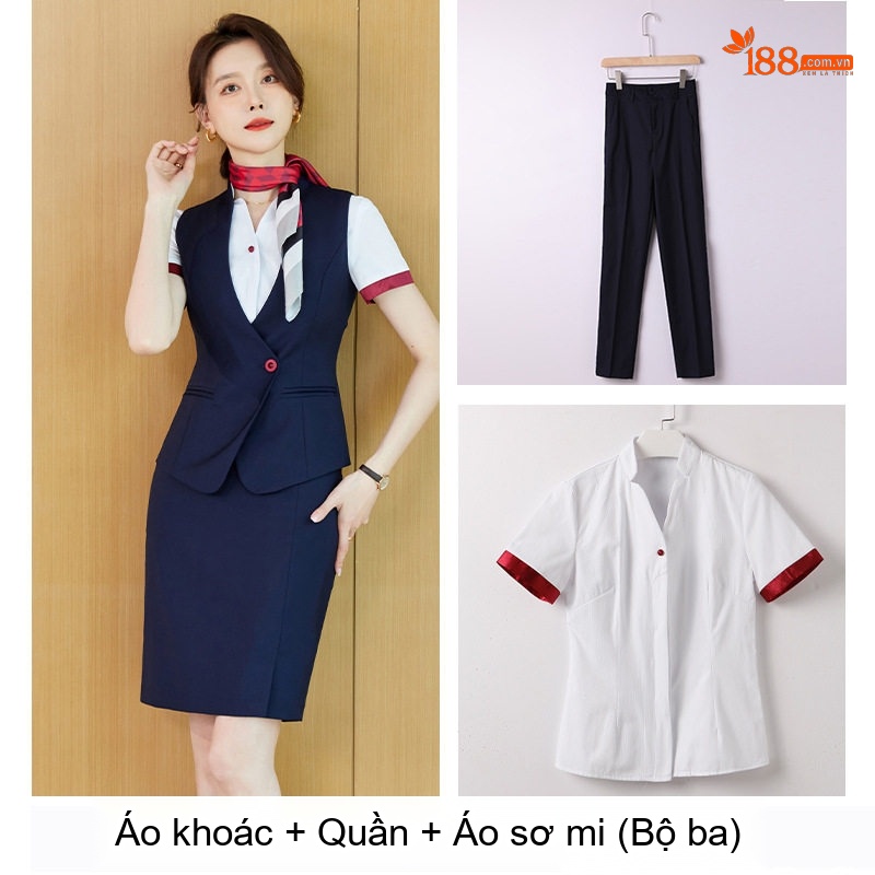 Bộ Vest Công Sở Nam Nữ Áo Ghile Quần Dài Công Nhân Lễ Tân Khách Sạn Màu Xám, Xanh Navy, Đỏ