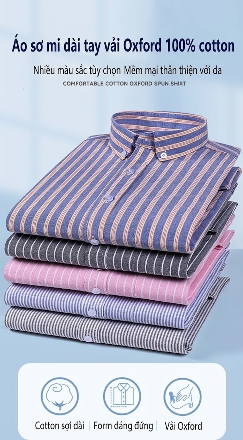 Áo Sơ Mi Nam Tay Dài Oxford Cotton Thoáng Khí Họa Tiết Kẻ Sọc Lớn Màu Xanh Dương, Đen, Trắng, Xám... chi tiết 4