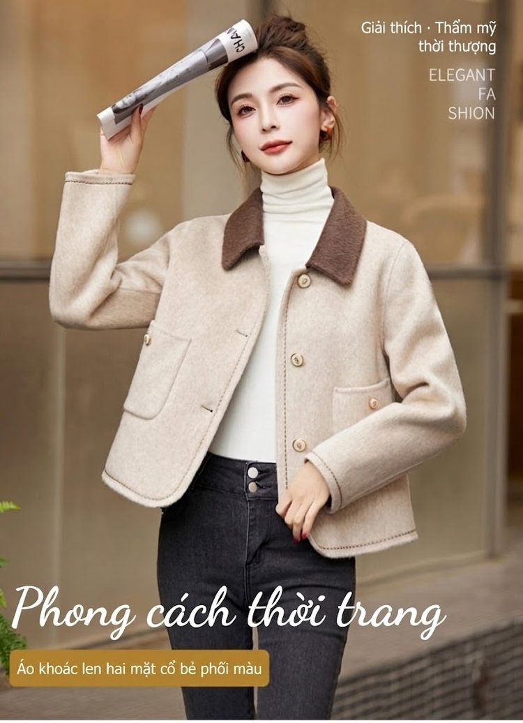 Áo Khoác Nữ Hai Mặt Lông Cừu Ngắn Phong Cách Tiểu Thư Màu Kem, Xám, Hồng chi tiết 3