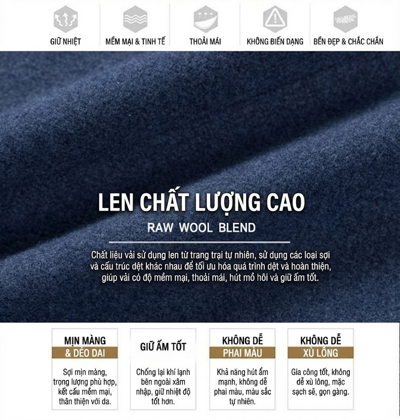 Áo Khoác Dạ Nam Trung Dài Tay Dài Cúc Bấm Cao Cấp Màu Xanh, Nâu, Đen chi tiết 3