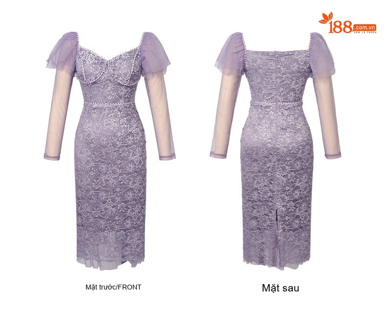 Váy Ren Dự Tiệc Nữ Tay Loe Bèo Nhún Ôm Dáng Màu Tím chi tiết 6