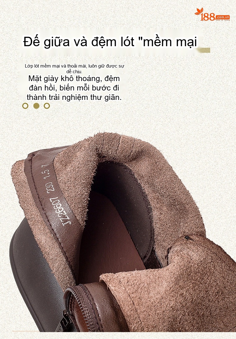 Boot Nữ Cổ Cao Da Bò Đế Dày Chiều Cao Đế Khoảng 5cm Phong Cách Retro Màu Đen, Nâu chi tiết 7