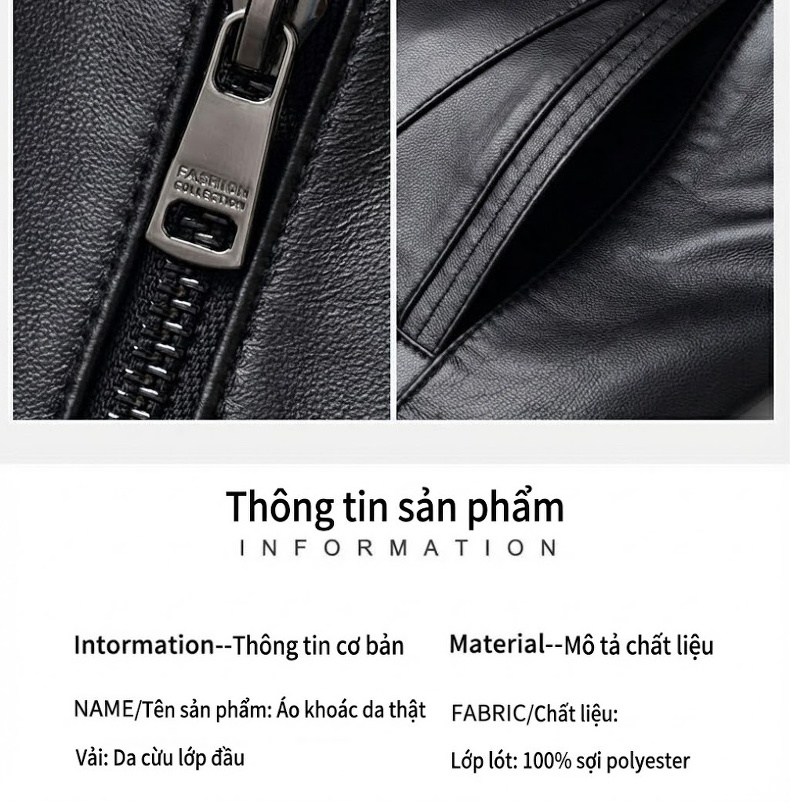 Áo Khoác Da Cừu Nam Dáng Ôm Cổ Trụ Khóa Kéo Màu Đen chi tiết 4