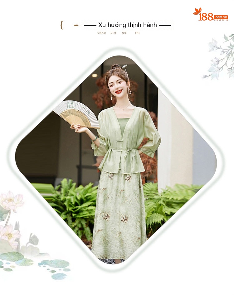 Set Áo Khoác Lửng Quần Áo Nữ In Hoa Phong Cách Trung Hoa Thanh Lịch Màu Be, Xanh chi tiết 2
