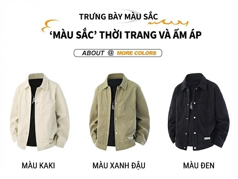 Áo Khoác Nam Cổ Bẻ Vải CORDUROY Dáng Bomber Màu Đen, Kem, Xanh Olive chi tiết 7