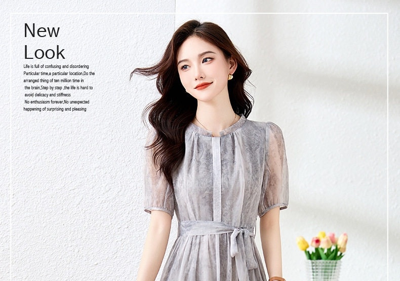 Đầm Xòe Nữ Tay Ngắn Thiết Kế Thanh Lịch Thoáng Mát Chất Liệu Voan Màu Hồng, Xám chi tiết 1