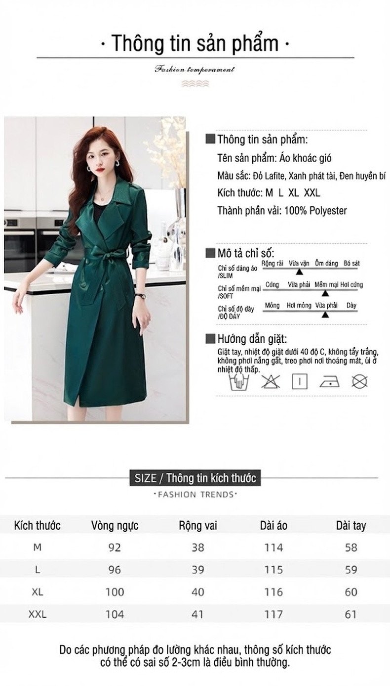 Áo Khoác Gió Nữ Dáng Dài Thu Đông Dáng Ôm Chiết Eo Chất Liệu Satin Màu Đen, Đỏ, Xanh Lá chi tiết 9