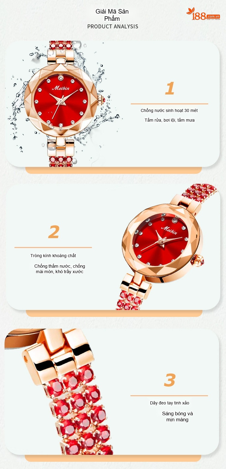 Đồng Hồ Nữ Dây Kim Loại Đính Đá Thời Trang Chống Nước Màu Đỏ, Xanh Lá, Tím... chi tiết 10