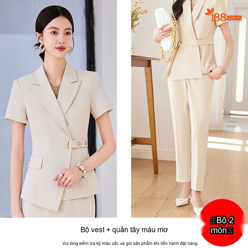 Bộ Vest Nữ Tay Ngắn Quần Dài Công Sở Thanh Lịch Màu Xám, Kem, Đen, Xanh Navy