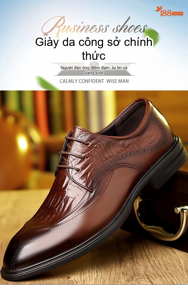 Giày Tây Buộc Dây Nam Da Bò Chiều Cao Đế Khoảng 3cm Màu Đen, Nâu chi tiết 1
