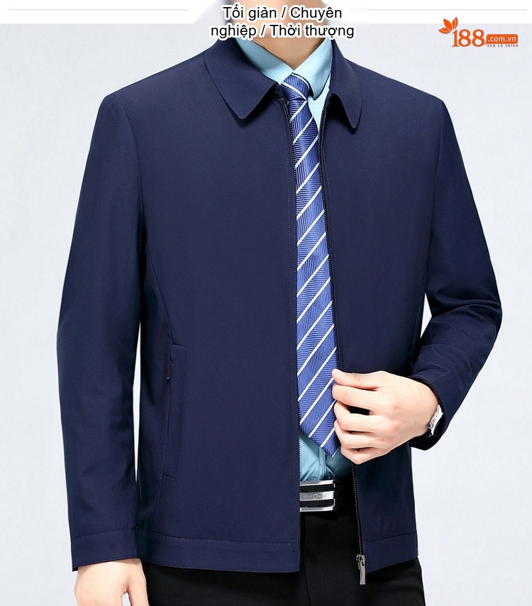 Áo Khoác Nam Cổ Bẻ Khóa Kéo Dáng Suông Rộng Vải Dệt Màu Xanh Navy, Đỏ Rượu, Be, Xanh Đen, Xám... chi tiết 15