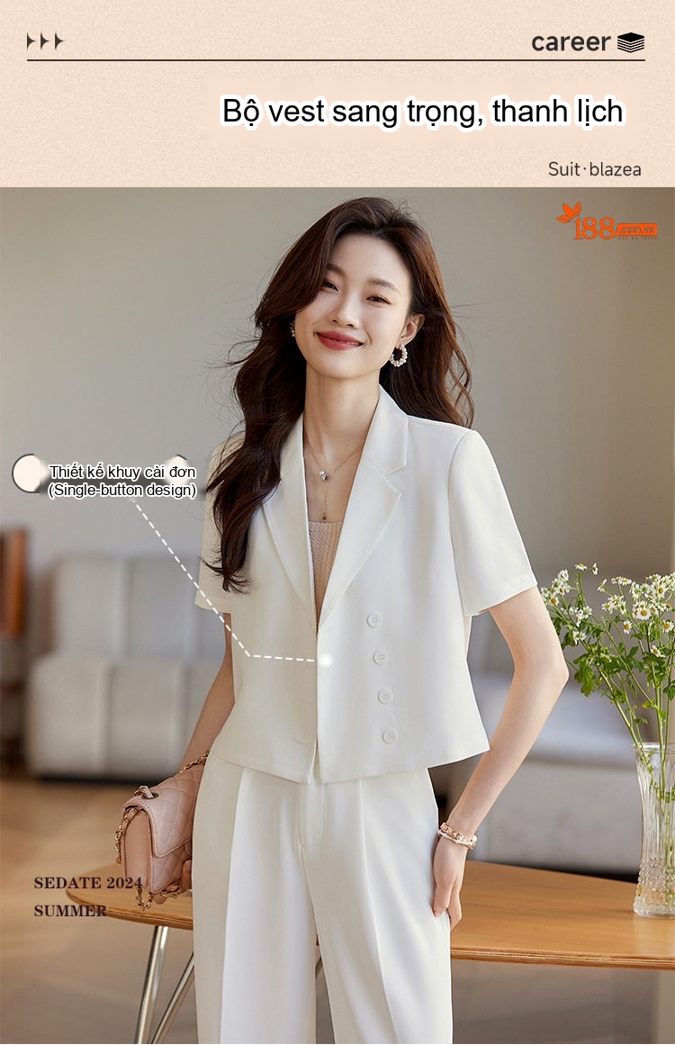 Bộ Vest Nữ Quần Ống Rộng Áo Blazer Ngắn Tay Lửng Phong Cách Công Sở Màu Hồng, Trắng, Đen chi tiết 3