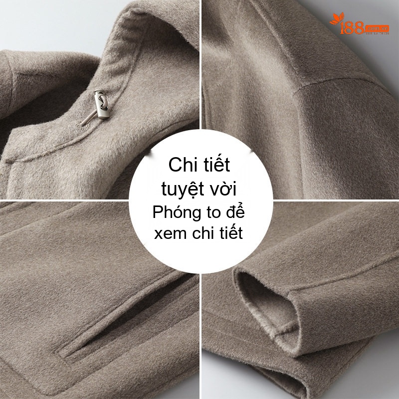 Áo Khoác Dạ Nam Ngắn Tay Dài Có Mũ Hai Mặt 100% Lông Cừu Màu Be, Đen