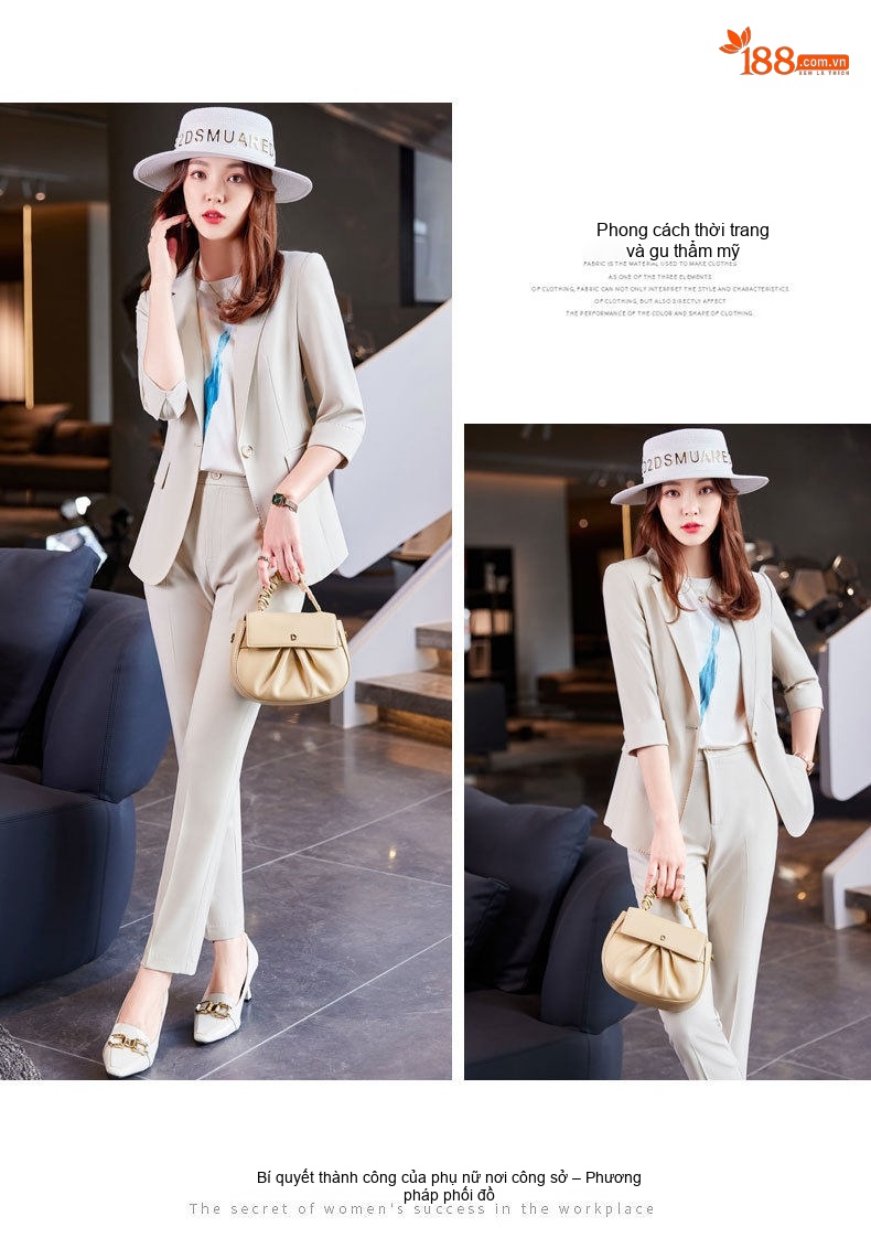 Bộ Vest Công Sở Nữ Tay Lỡ Phong Cách Hàn Quốc Màu Xanh Khói, Be, Đen chi tiết 12