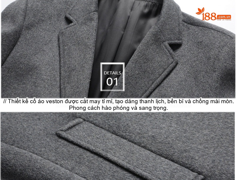Áo Khoác Dạ Nam Dáng Dài Vừa Cổ chữ Vest Cài Nút Phong Cách Tối Giản Màu Đen, Xám, Nâu chi tiết 11